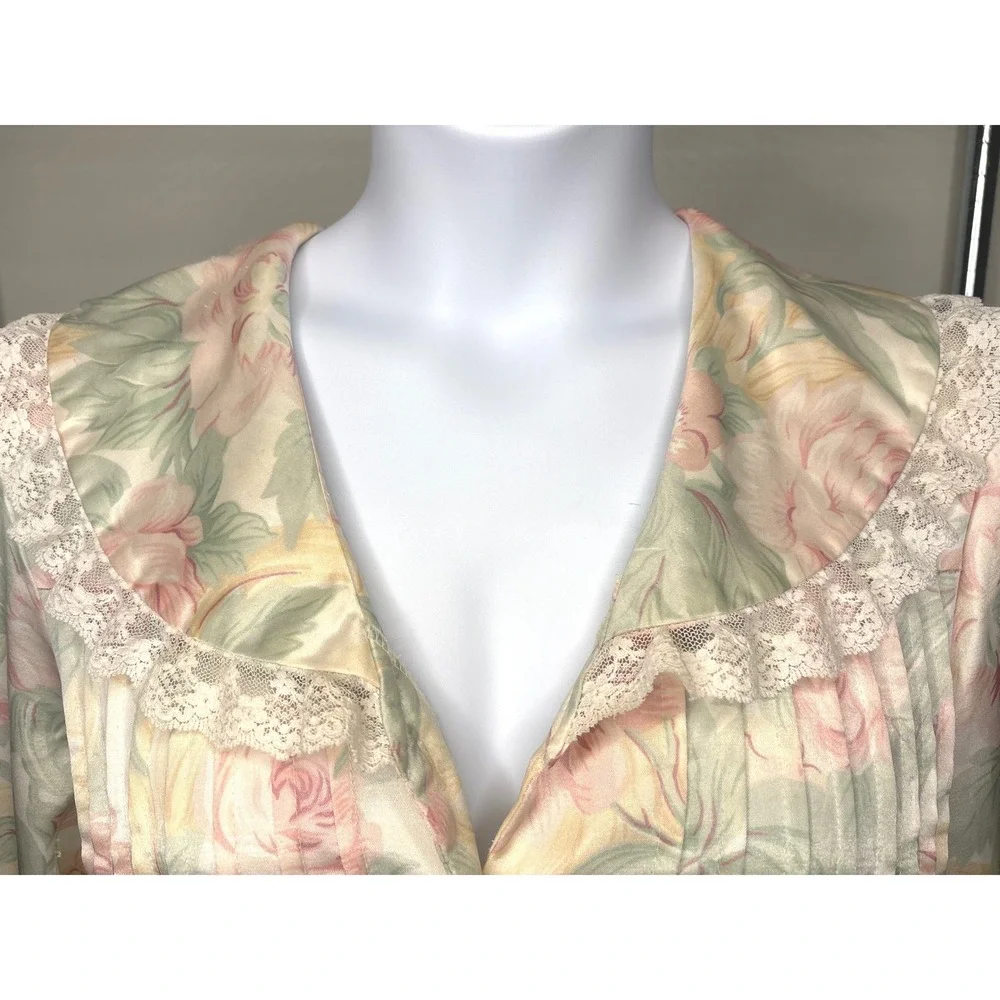 Vintage Aria Womens Pink Green Floral Nightgown Laced Sz M Shabby Chic Victorian